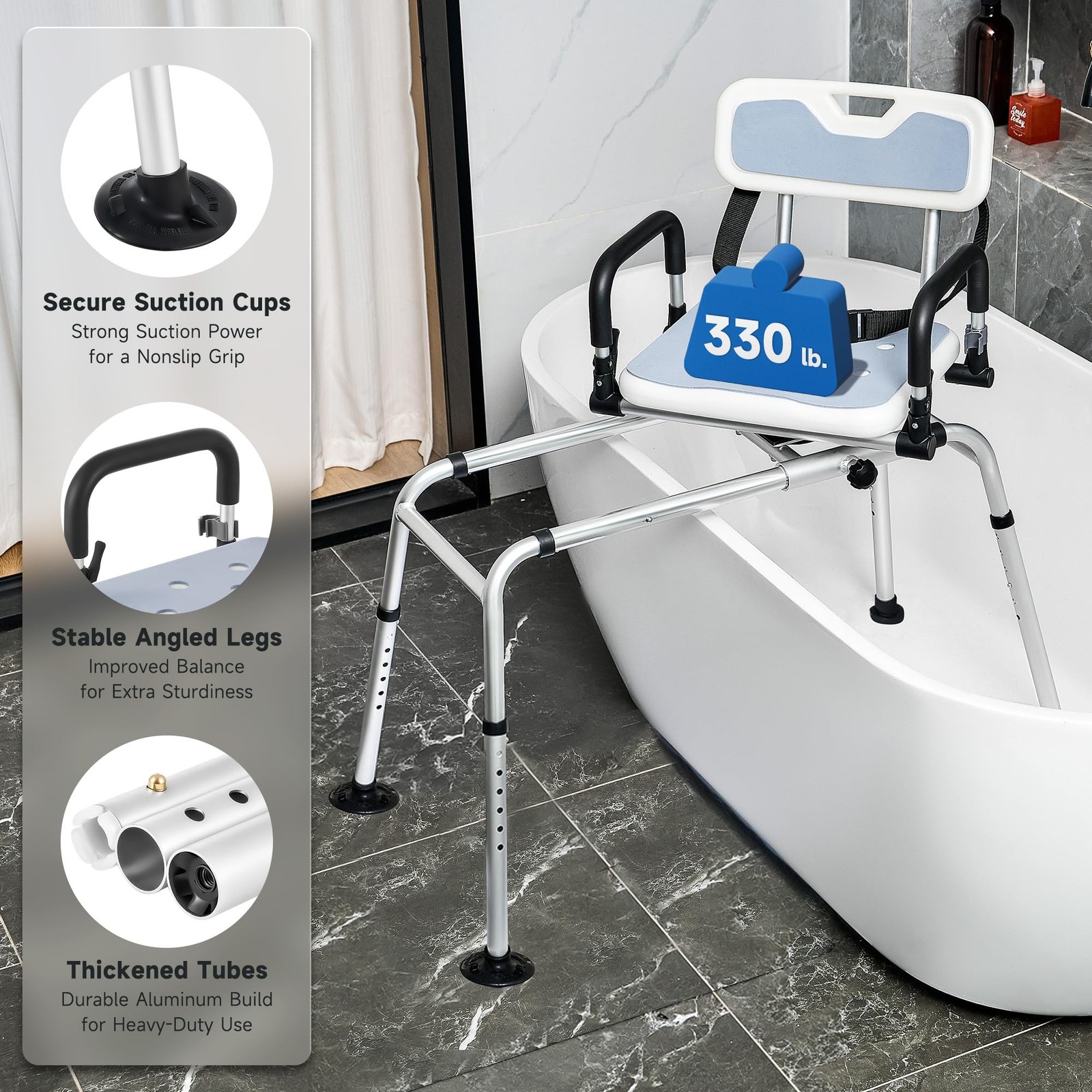 CO-Z Sliding Shower Chair with 360° Swivel Seat, 12-Level Tub Transfer Bench ...