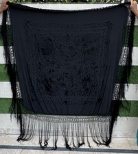 Antique Chinese Hand Embroidery Satin Silk Piano Shawl 130 X 130 Fringe 40 Cm