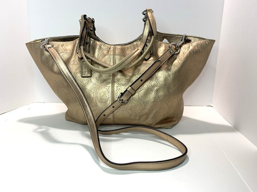 Coach Carly Bleeker Perforated Sig C Metallic Gold Leather Purse Tote F17223