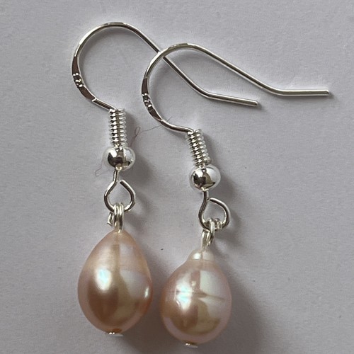 925 Sterling Silver Hook Earrings With Ivory Freshwater Pearl 12x8mm , 31mm Long - Picture 3 of 3