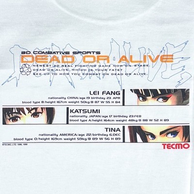 1998 Tecmo Dead or Alive Leifang Kasumi Tina Raffle Prize L Graphic T-Shirt