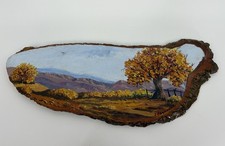Vintage Wood Cut Slab Live Edge Hand Painted Autumn Fall Scene 18 Inches