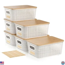 Chic 5QT Stackable Storage Bins with Bamboo Lids - 6 Pack Decorative Baskets