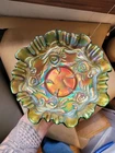 Pretty Fenton Green Carnival Glass Heart & Vine Pattern 3 & 1 Edge Bowl