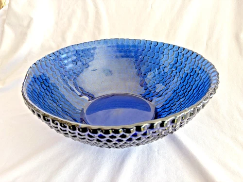 Vintage Blenko Glass Large Glimmer Hobnail Bowl Cobalt Blue