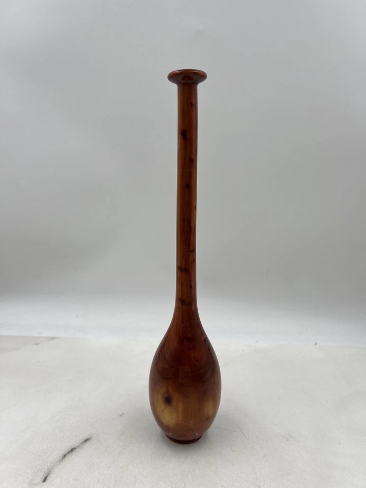 Vintage Hand Turned Wooden Bud Vase 12 Inch Tall Slim Neck Rustic Home Decor Gif - Image 4 of 4