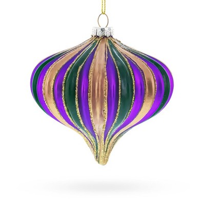 Striped Purple, Green, and Gold Onion Finial Glass Ornament