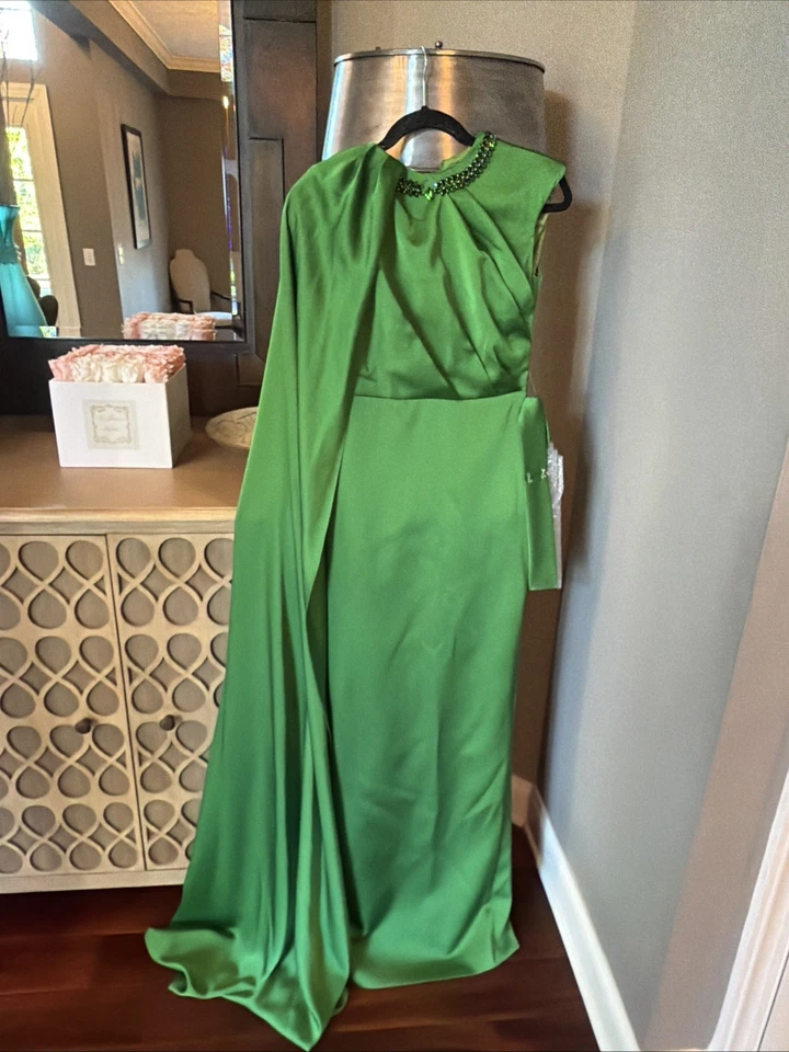 I.H.F. Vestido de seda drapeado con capa de un hombro verde Atelier $1125 Xs Foto 4 de 4