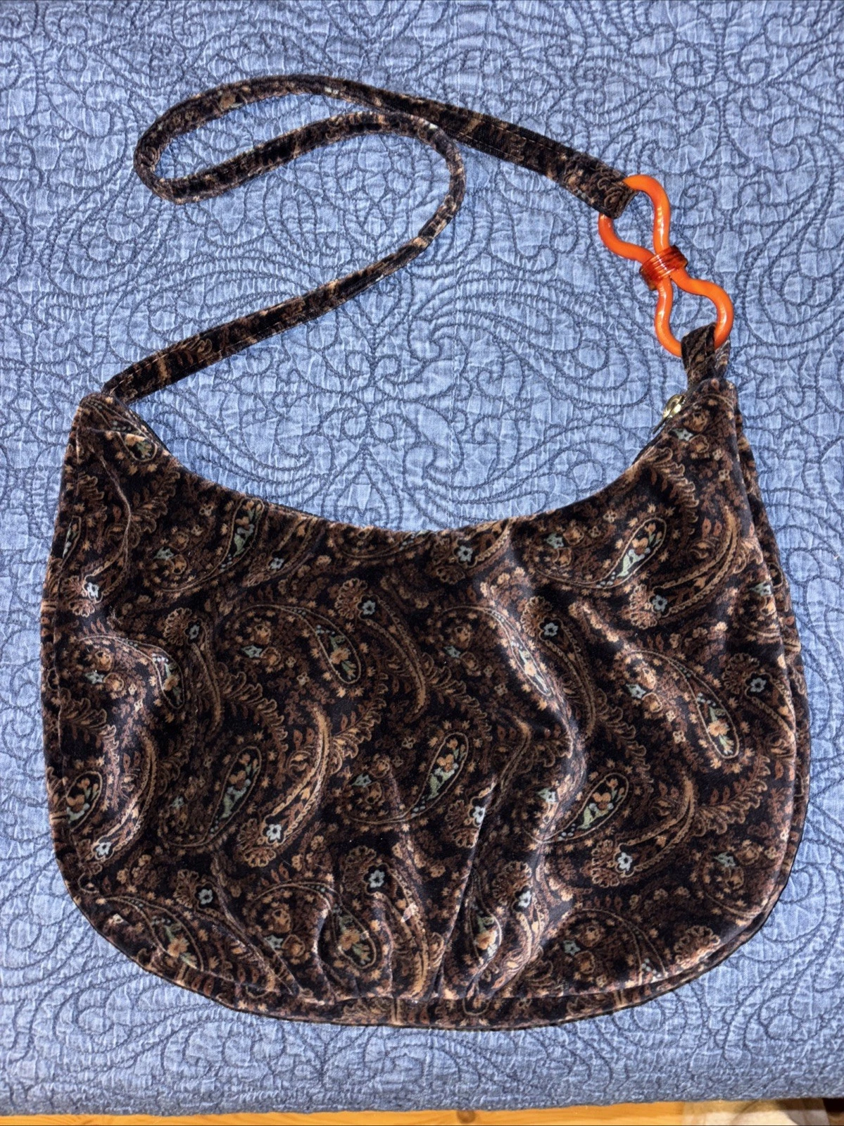 Vtg CARPETBAGS of AMERICA Velvet Purse Bag Brown Paisley Hobo Strap Ornament