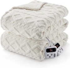 Soft Heated Throw Blanket Electric 10 Heat Levels 10 Timer Modes Auto-Off White