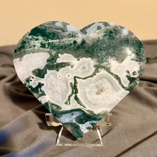 Large Moss Agate Heart with Stand - Two-Sided Moss Patterns - Sparkly Druzy