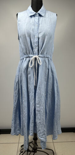 Sake Fifth Ave 100% Blue Linen Size L Button up Shirt Dress