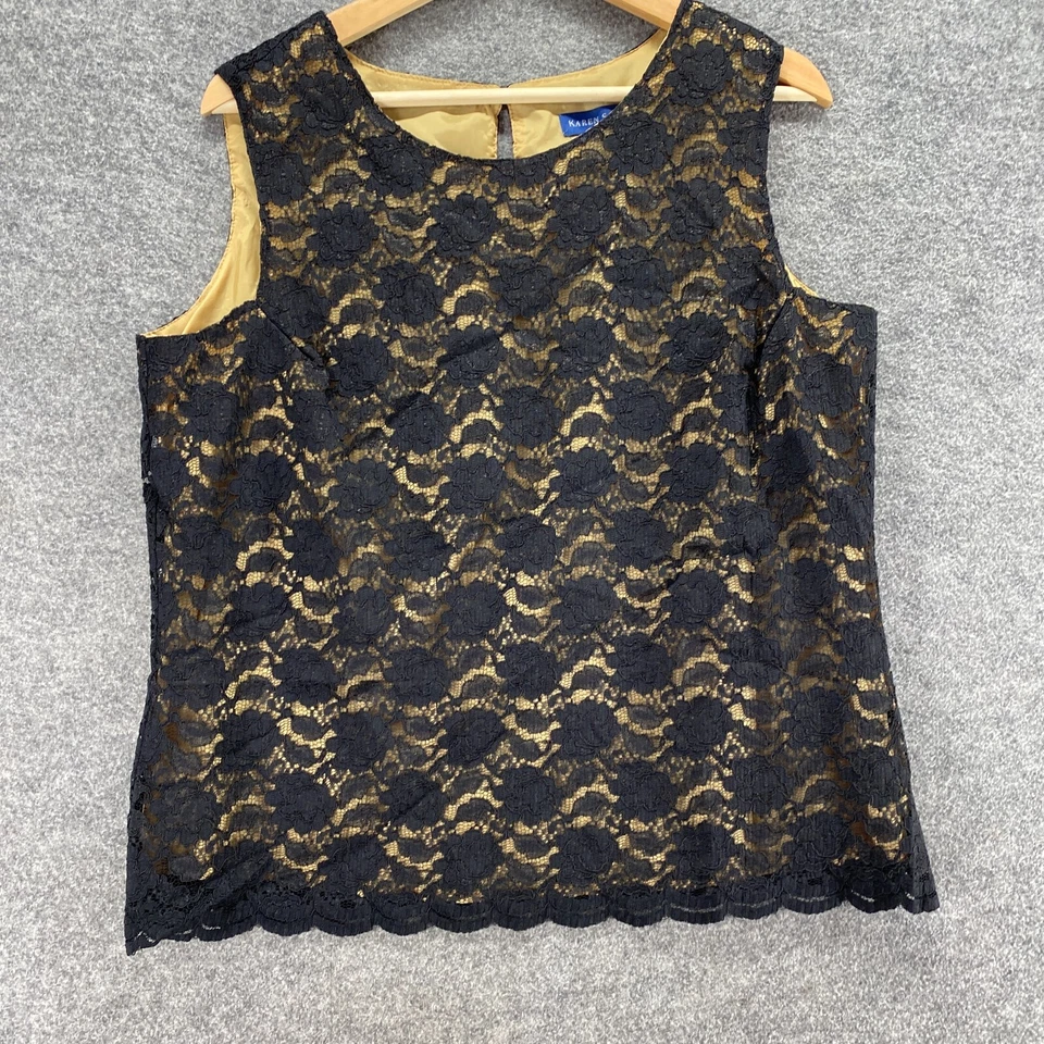 Blusa Karen Scott Mujer L Grande Negra Floral Crochet Sin Mangas Forrada Gancho y Ojo Foto 4 de 4