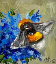 Original Painting Bumblebee Honey Bee Impasto Flower Oil Painting Signed Art