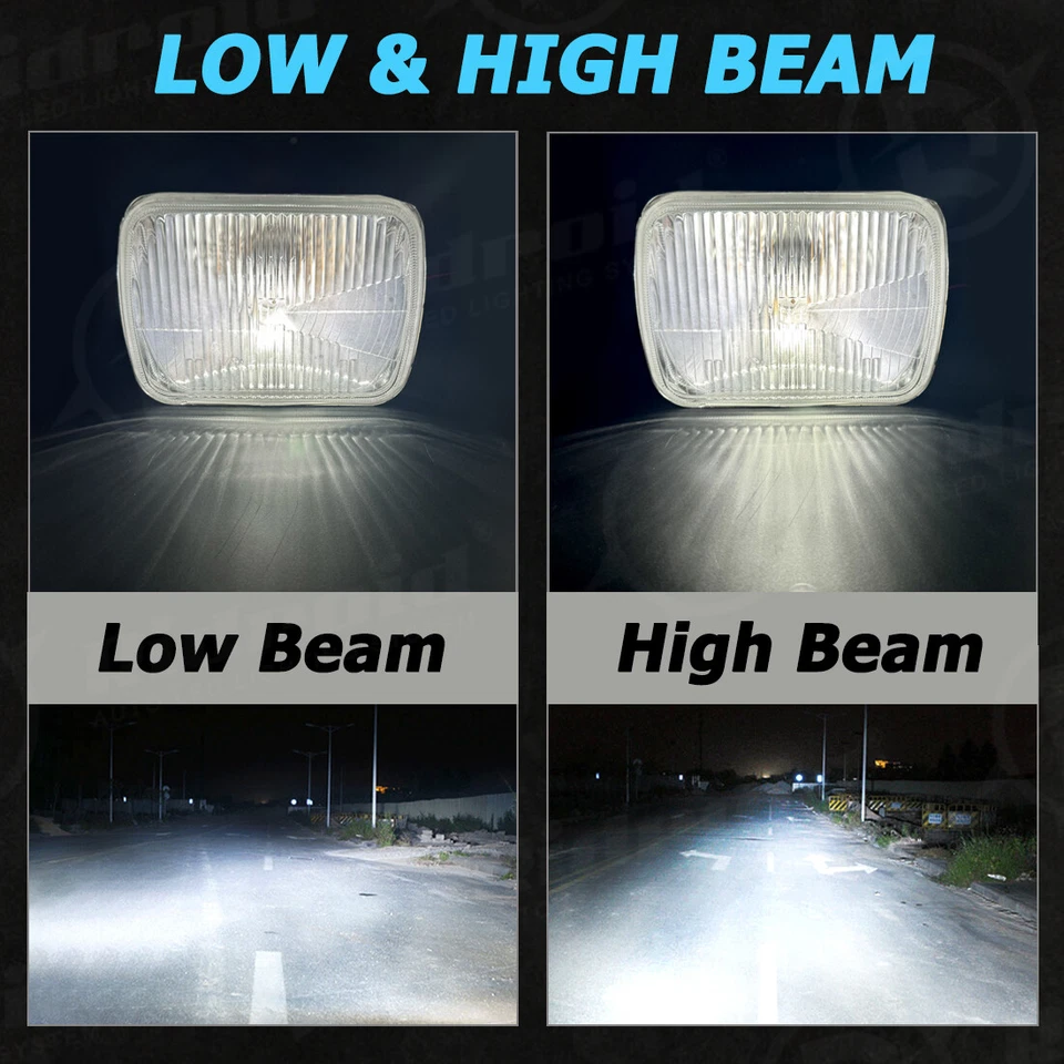 7X6 Stock Style Glass Lens Headlight Metal Headlamp H4 LED Headlight Bulbs Pair - Image 3 of 4