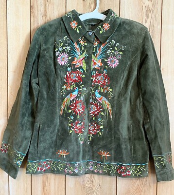 Avanti Suede Leather Jacket Women's L Embroidered Birds Floral QVC Style A27337