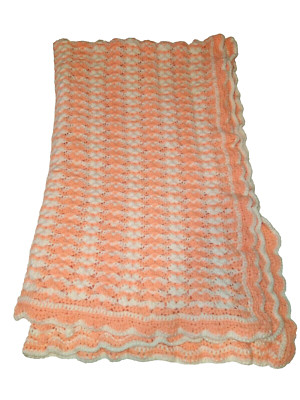 Hand Crochet BABY Lap Blanket Peach White 64'' X 41 1/2'' Scalloped Edge 