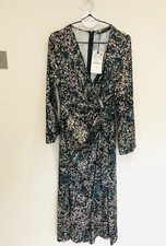 Zara Green Black Silky Printed Midi Dress With Knot Size S New Bloggers £50