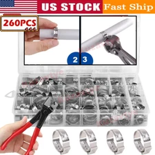 260PCS 304 Stainless Steel Single Ear Hose Clamp Crimp Hose Clamp Assortment Kit