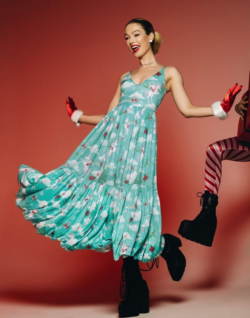 milkmaid christmas dress Blackmilk Holiday Magic Sheer Midaxi Size Medium M Santa Unicorn pinafore dress
