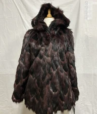 Adrienne Landau Faux Fur Coat with Hood Black/Burgundy Small