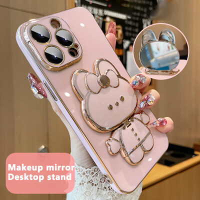 For iPhone 14 Pro Max 13 12 11 XS XR Cartoon Rabbit Invisible Mirror Stand Case