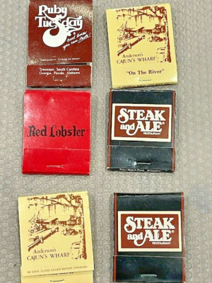 2398.36 - 6 Vintage Restaurant Matchbooks - Ruby Tues, Steak & Ale, Red Lobster
