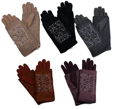 Womens Gloves with Rhinestone Studs Pearls Bling Two-Piece Glove Fleece Lining