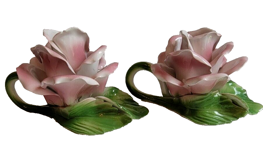 Vintage Made In Italy Pair Pink Napoleon Capodimonte Roses Candlestick Holders