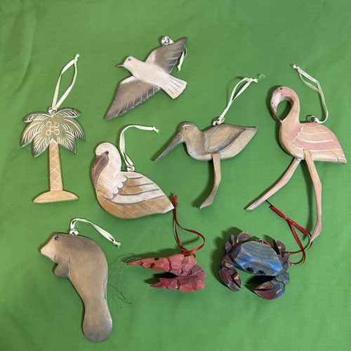 Summer Beach Decor Ornaments  Set Of 8 Large Hand Painted Carved Wood  3”- 8”
