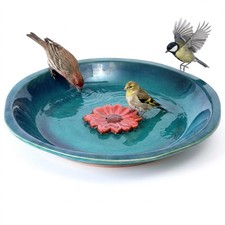 Bird Bath, Ceramic Bird Bath Bowl with Red Flower Ornament for Outdoors, Shal...