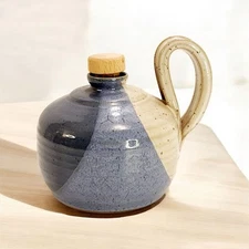 Handmade Studio Art Pottery Blue Glazed Corked Pot Jug Loop Handle Signed 5"