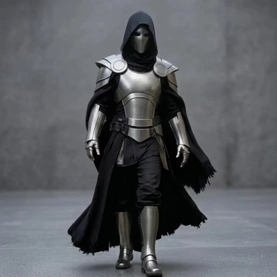 Full Silver Plate Armor Set – Black Hooded Cape, Mask, Cosplay, LARP - image 1 of 4