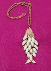 Vintage Articulated Fish Necklace Pendant Goldtone w Milk Glass Scales
