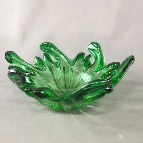 Vintage Green Art Glass Murano Style Heavy Glass Smooth Bottom Bowl Candy Dish