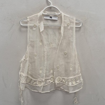 Zara Weste Damen M weiß Seide transparent bestickt Kimono Boho Gilet