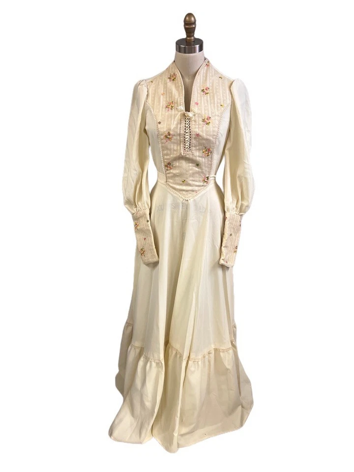 Vestido de Pradera Reina Ana Corsé Corpiño Manga Obispo Bordado De Colección Años 70 S/M Foto 2 de 4