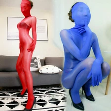 Unisex Shiny High Glossy Bodysuit Sheer Full Bodystocking Gloves Hood Jumpsuit