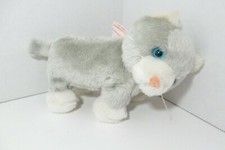 Vintage plush gray white kitty kitten cat blue eyes pink bow nose standing