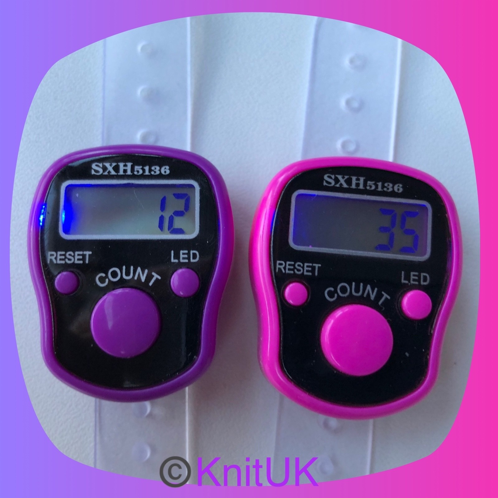 KnitUK Tally Counter Pack of 2. LED Backlight - Finger-Held. Pink & Purple.