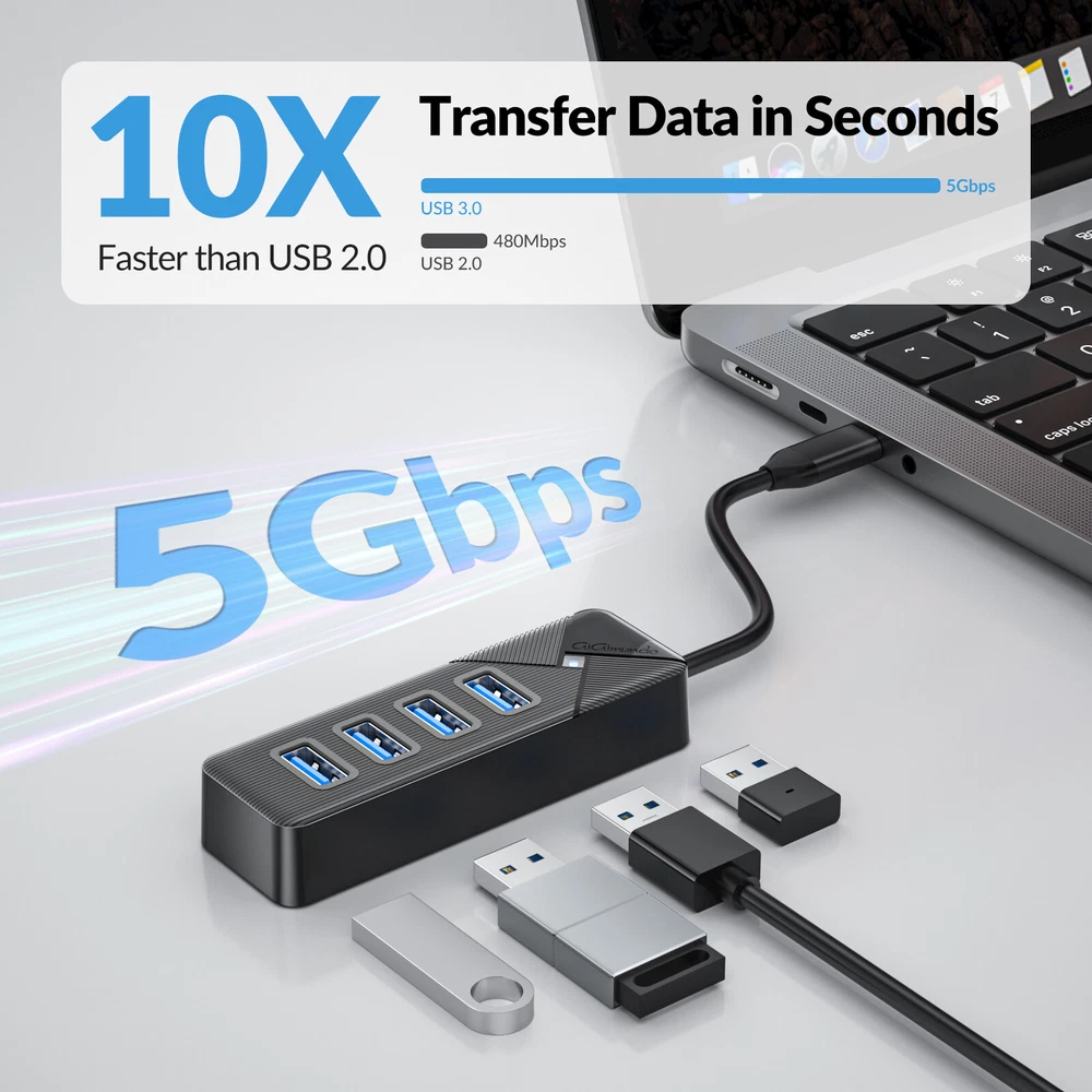 4-Port USB 3.0 Hub - High-Speed Data Transfer for PC & Laptop