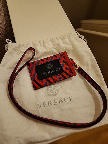 NEW Versace La Greca Red Blue Multicolor Signature Card Case Wallet Necklace
