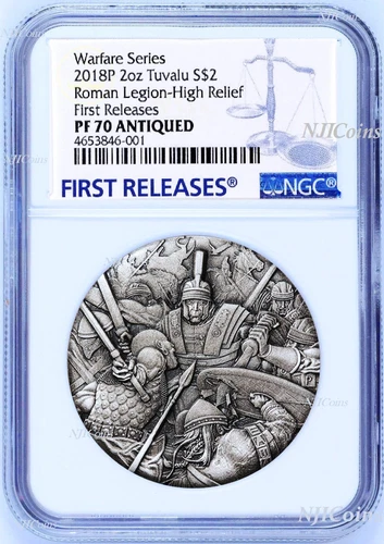 2018 P Tuvalu Warfare - Roman Legion ANTIQUED 2Oz Silver $2 3D COIN NGC PF70 FR