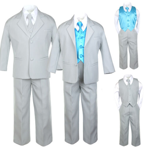 Hermosa New Baby Toddler Boy 7pcs Formal Light Gray Suit + Color Vest Long Tie - Picture 15 of 16