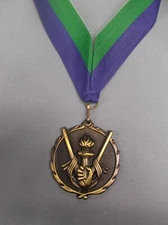 large gold PDU victory torch medal wide blue/green neck ribbon 2 1/2" diameter