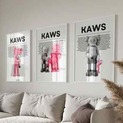 Hypebeast Kaws Posters Set of 3 Black Grey Pink Wall Art