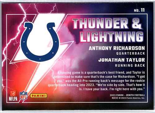 2023 Zenith Anthony Richardson RC & Jonathan Taylor Thunder & Lightning #11 nuovo/m - Foto 2 di 2