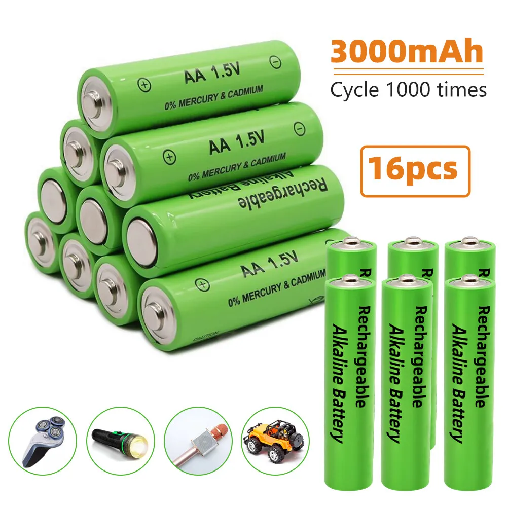 16Pcs 1.5V AA/ AAA Rechargeable Batteries 3000mAh Alkaline Battery For Toys