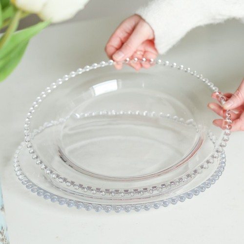 Set of 8 Clear Glass Dinner Plates Bella Perle Beaded Edge Kitchen