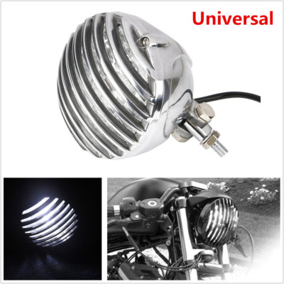 Motorcycle Finned Grill LED Headlight For Suzuki Chopper Bobber Cafe Racer Black